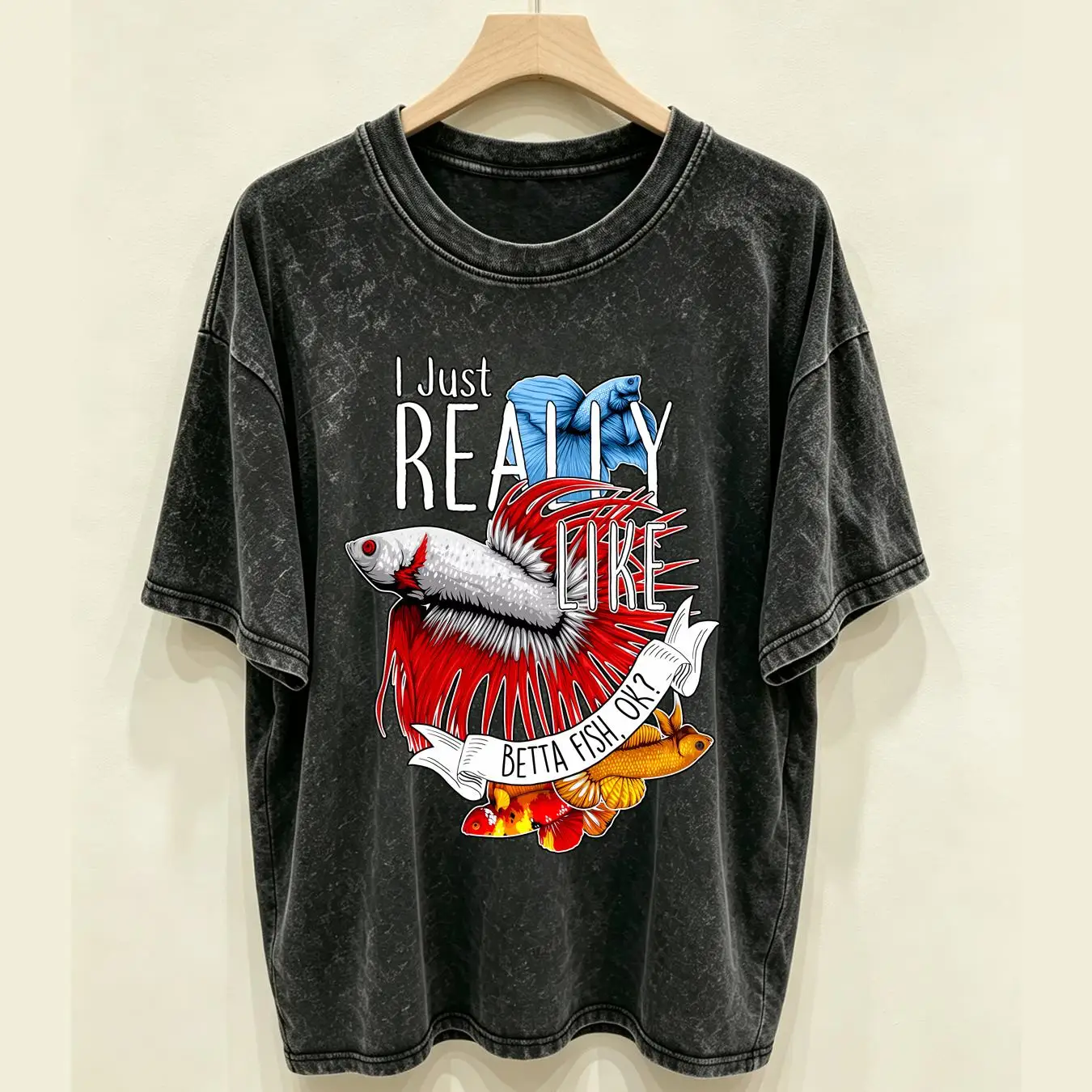 Aquarium Fish Keeping - 洗濯済みのTシャツ。ベタ（シアンウオ）を愛する人向けの、面白くてかわいいデザイン。暹羅系のベタ、熱帯魚、水槽飼育に最適。長袖または半袖、ヴィンテージ風。