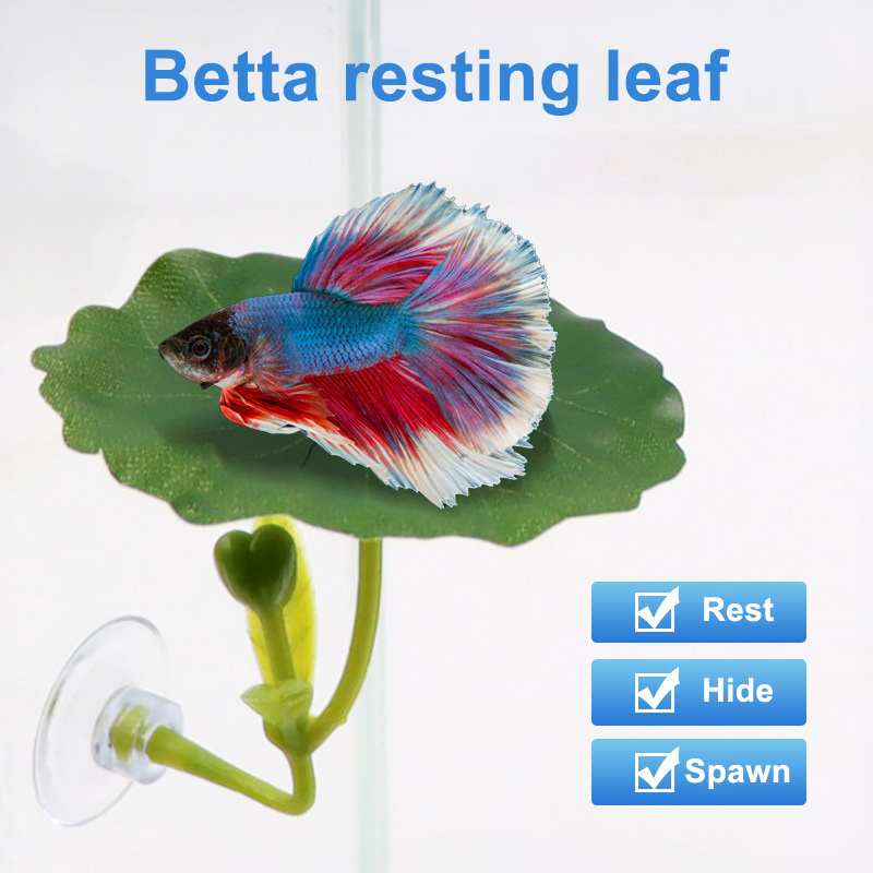 Betta Fish Tank - (Ce14)1/5個入り、緑色の葉っぱのハンモック。ベタ魚用。水槽に設置してストレスを軽減し、水槽内を安全に飾り付けられる。吸盤付きで、水槽に固定できる。造花の装飾品。