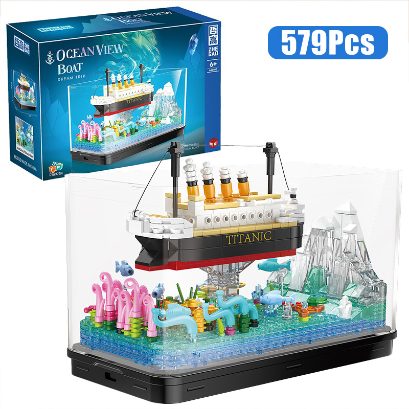 Aquarium Fish Keeping - ミッククルーズラインのmoc-ビルディングブロック、海賊船、光付きフィッシュボウル、素晴らしい波、kandir、水族館、水槽、ミニおもちゃ