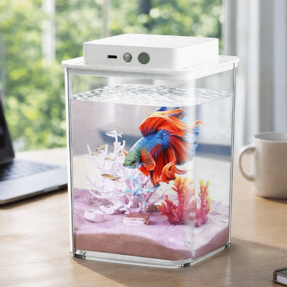 Betta Fish Tank - 透明なベタ魚水槽、インテリジェントセンシングLEDライト付き魚繁殖水槽、プラスチック製USB充電式フィギュアディスプレイケース水槽